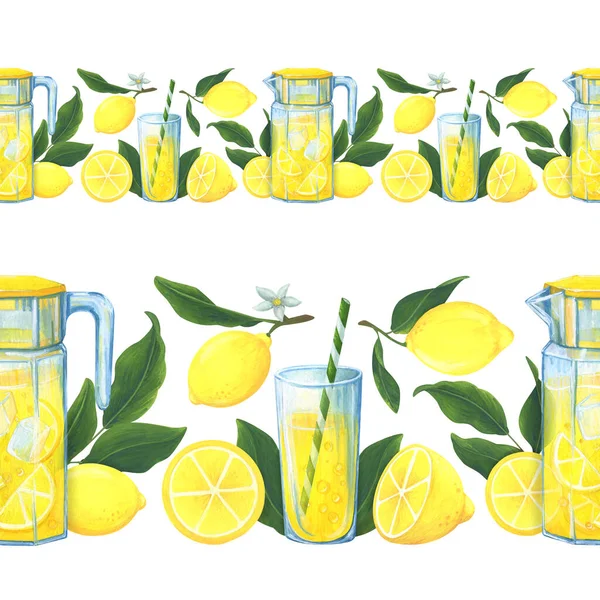 Декоративная Граница Домашним Лимонадом Сочных Лимонов Желтые Цитрусовые Зеленые Листья — стоковое фото