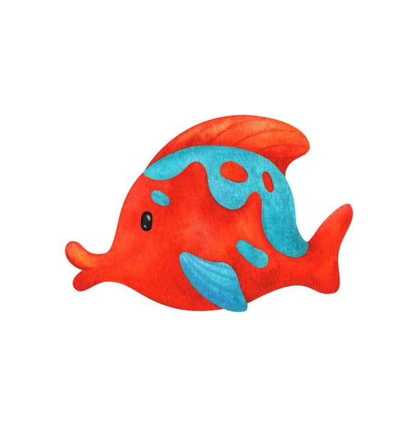 Rojo Azul Exótico Peces Mar Imagen Dibujos Animados Ilustración Acuarela —  Fotos de Stock