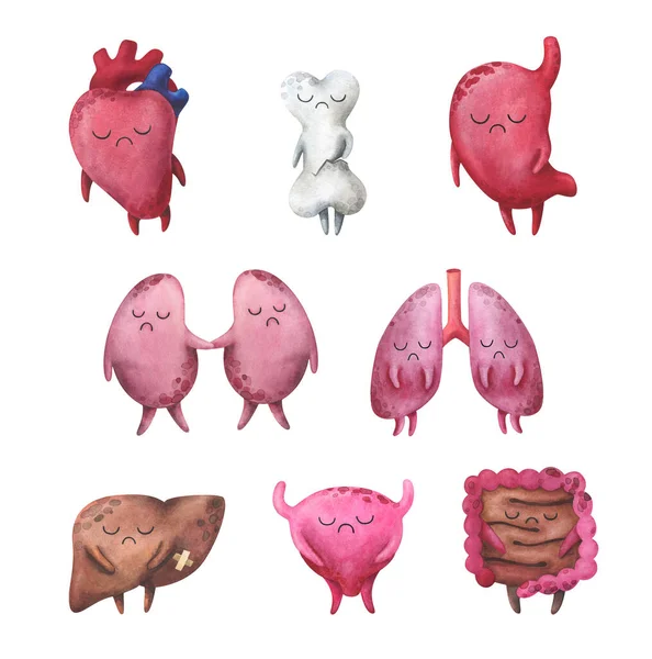 Sada Bolestivých Vnitřních Orgánů Smutný Charakter Srdce Kost Žaludek Ledviny — Stock fotografie