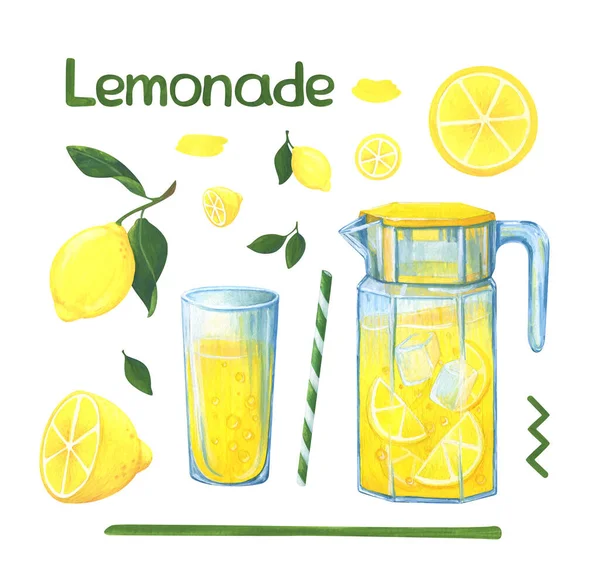 Hemlagad Lemonad Uppsättning Gouache Illustrationer Med Citroner Karaff Ett Glas — Stockfoto