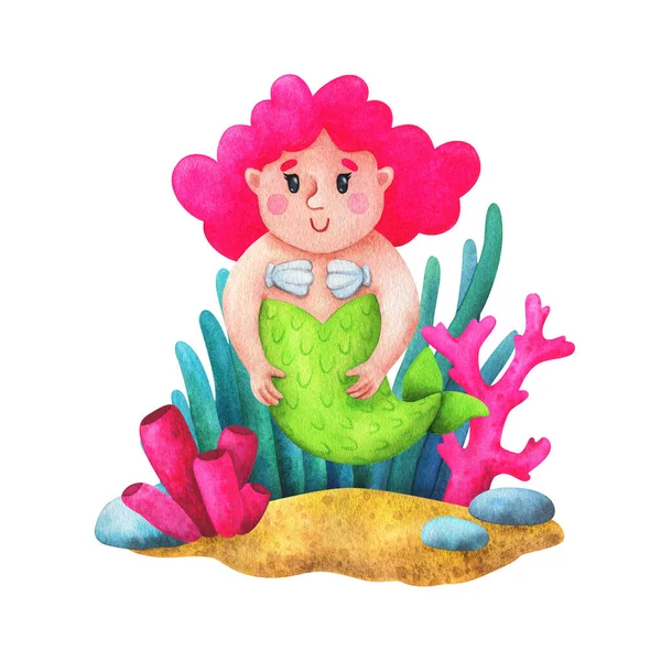 Body positive mermaid with pink hair. Composition with watercolor illustrations in cartoon style. Children\'s print. Stock image on a white background.
