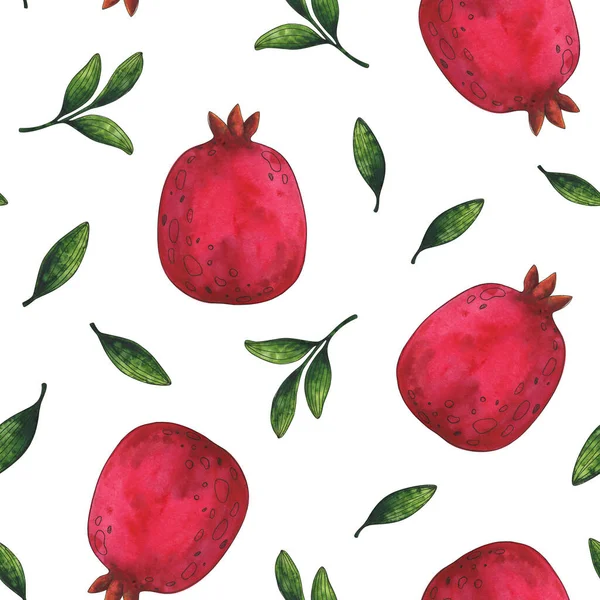 赤ザクロと緑の葉 自然なシームレスなパターン 白を基調としたイラストで装飾的な水彩装飾 様式化された果物や果実 包装用の印刷 — ストック写真
