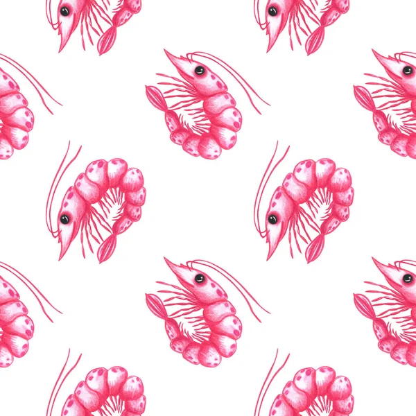 ピンクのエビ 白を基調としたシーフード柄のシームレスなパターン 手描きスタイル 紙のためのスタイリッシュなプリント ストック画像 鉛筆画 — ストック写真