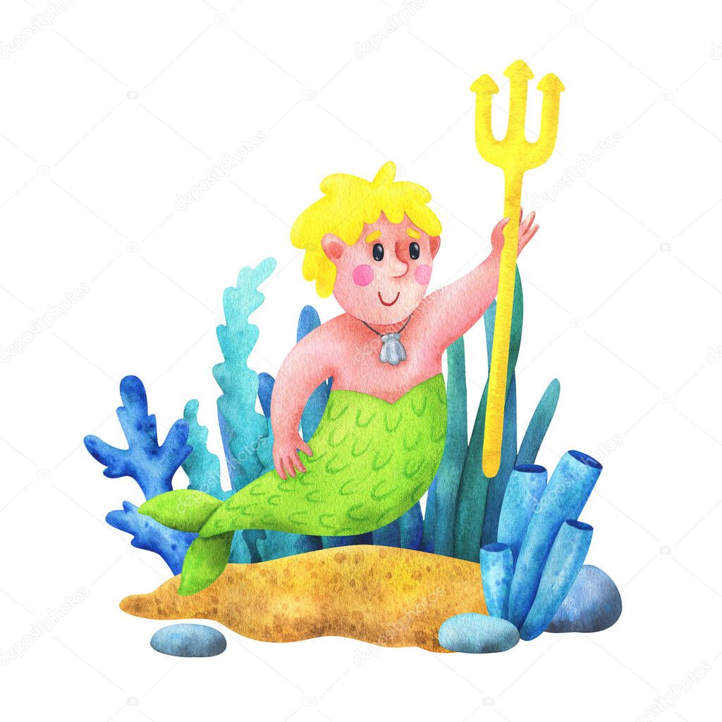The guy is a mermaid with yellow hair and a Trident in his hand. Composition with watercolor illustrations in cartoon style. Children's print. Stock image on a white background.
