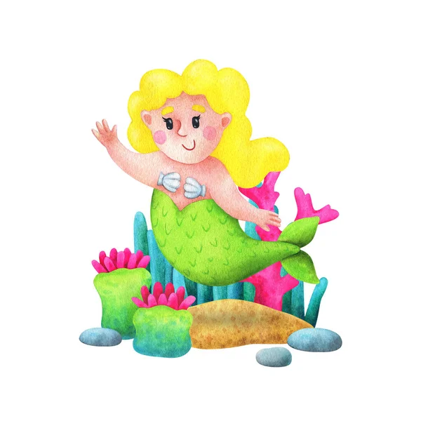 Body positive mermaid with yelyellow hair. Composition with watercolor illustrations in cartoon style. Children's print. Stock image on a white background.