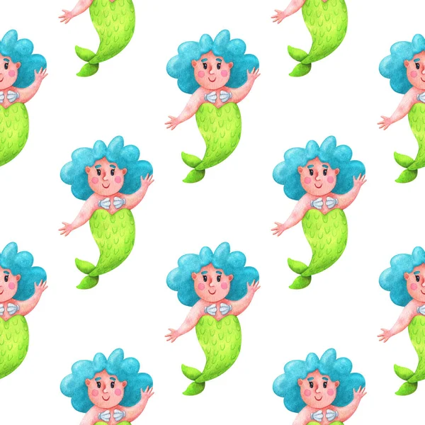 Funny Mermaids Blue Hair Seamless Pattern Watercolor Illustrations White Background — Stock Photo, Image