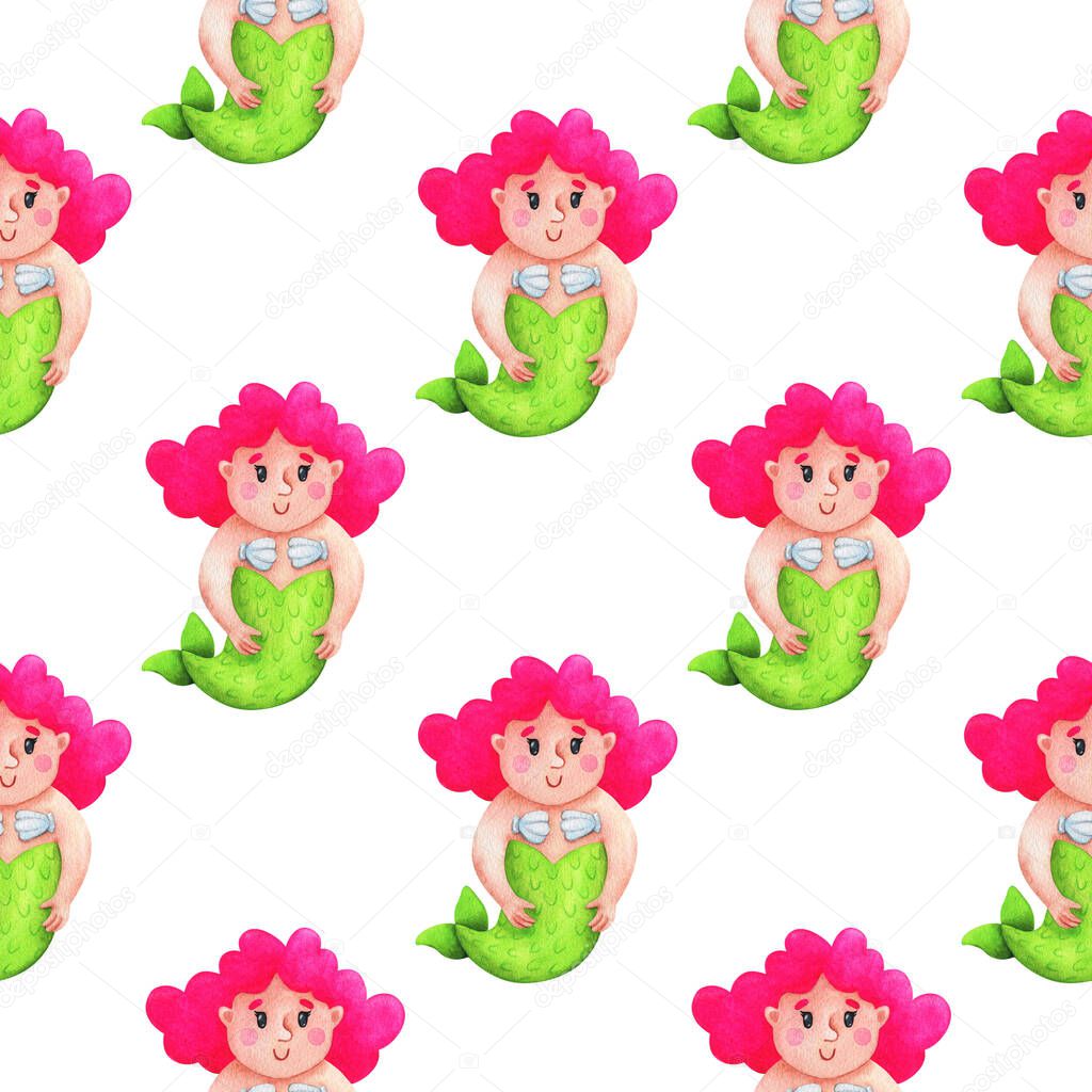 Funny mermaids with pink hair. Seamless pattern with watercolor illustrations on a white background. Children's print with cartoon characters for fabric, textiles, paper. Stock image.