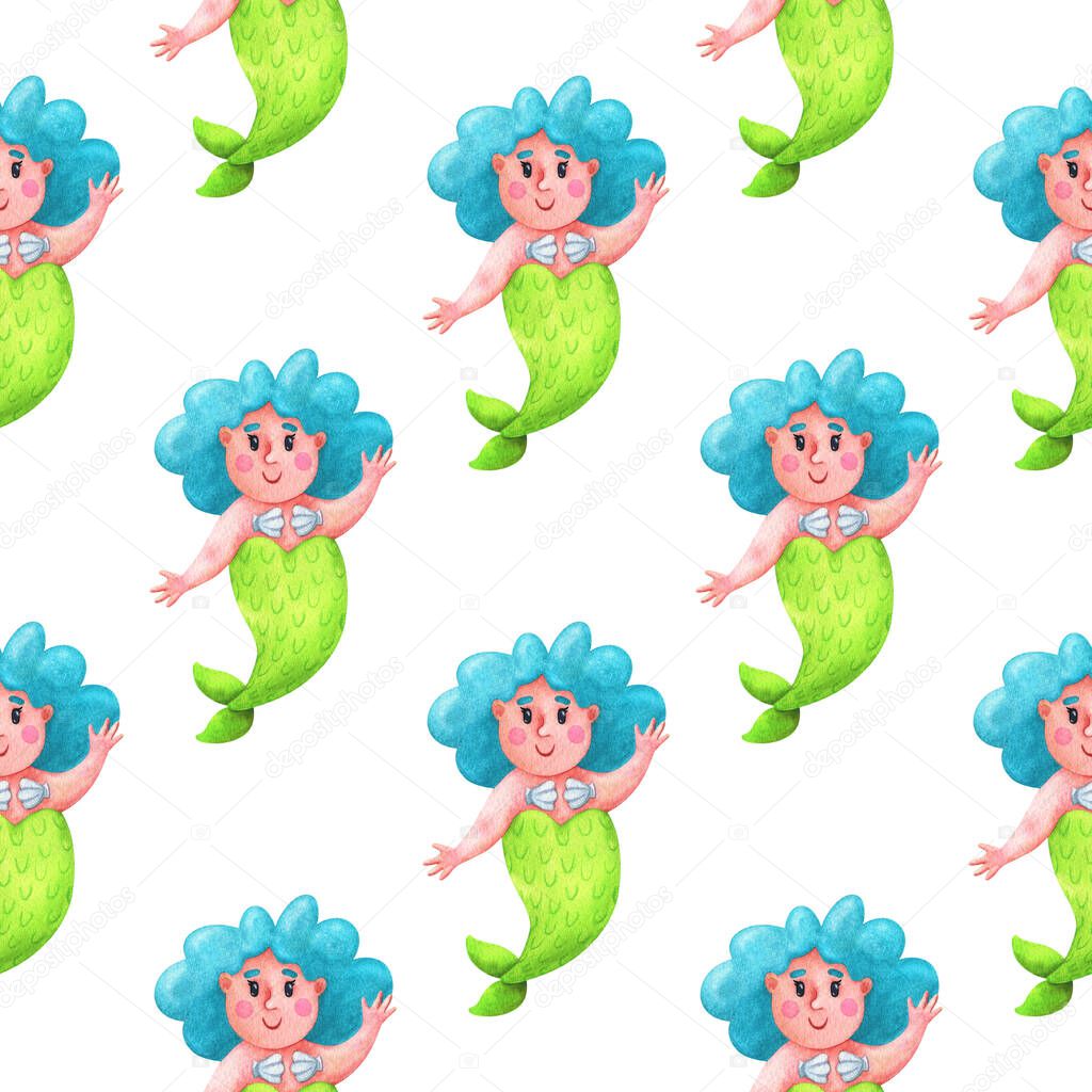 Funny mermaids with blue hair. Seamless pattern with watercolor illustrations on a white background. Children's print with cartoon characters for fabric, textiles, paper. Stock image.