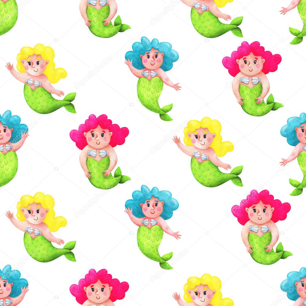 Fun mermaids with different colored hair. Seamless pattern with watercolor illustrations on a white background. Children's print with cartoon characters for fabric, textiles, paper. Stock image.