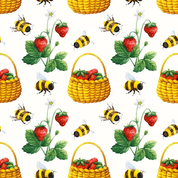 Méhek Átrepülnek Epertermésen Aranyos Zökkenőmentes Minta Akvarell Illusztrációk Egy Fehér — Stock Fotó