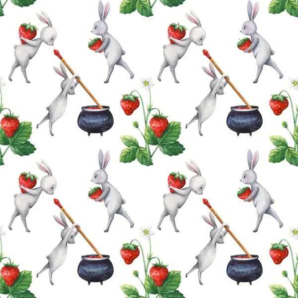 Hares harvest strawberries and make jam. Cute seamless pattern with watercolor illustrations on a white background. Stock children\'s print with rabbits and ripe berries.