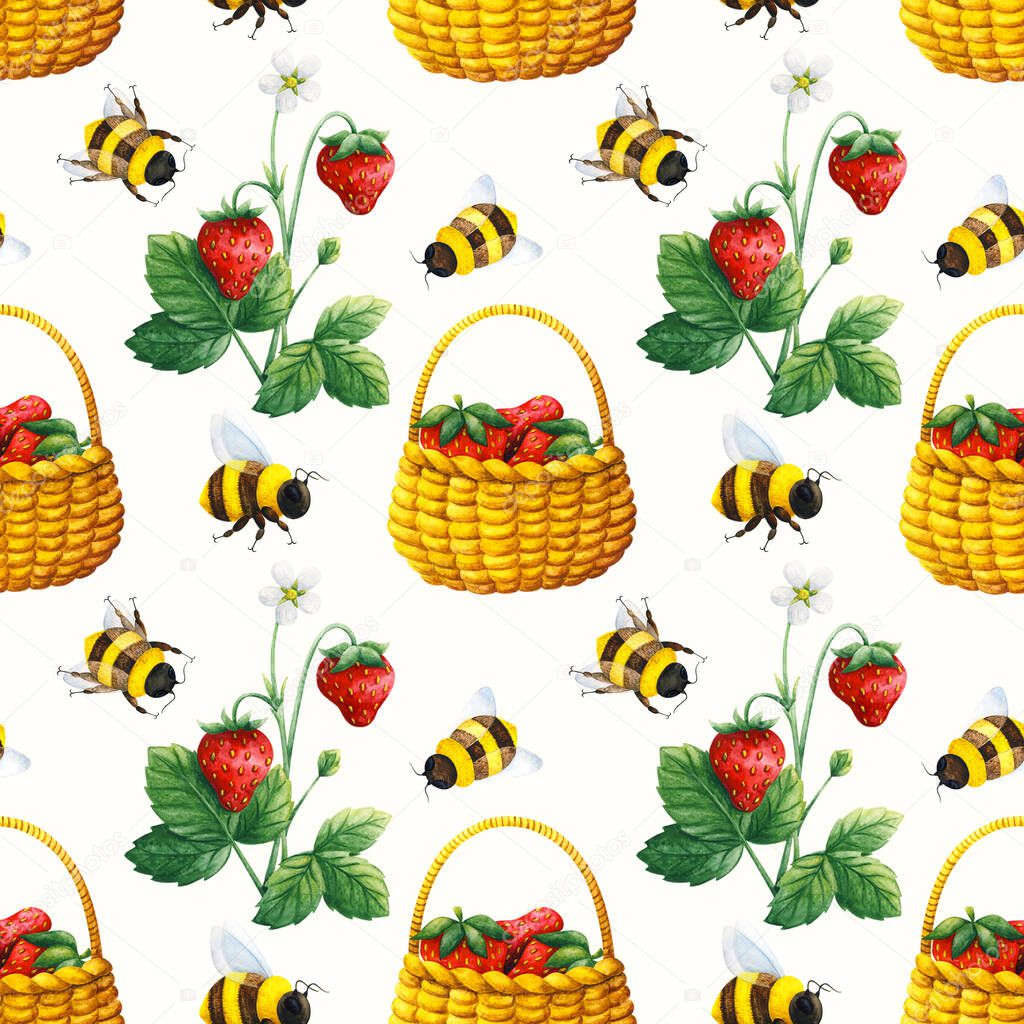 Bees fly over the strawberry crop. Cute seamless pattern with watercolor illustrations on a white background. Stock print with insects and berries in a basket