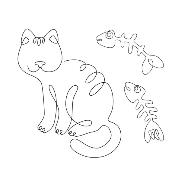 用线条艺术的风格画一只猫 鱼和骷髅 带有动物形象的矢量标识 股票形象 带着小猫的别致的抽象字体 — 图库矢量图片