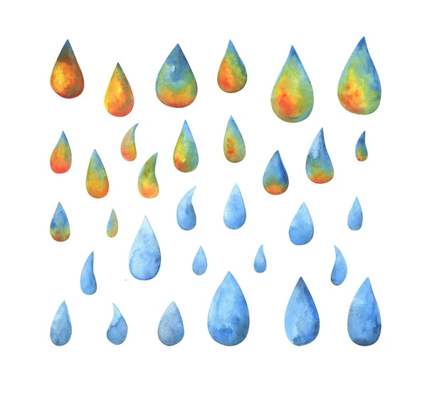 Gouttes Pluie Bleues Multicolores Illustrations Aquarelles Isolées Sur Fond Blanc — Photo