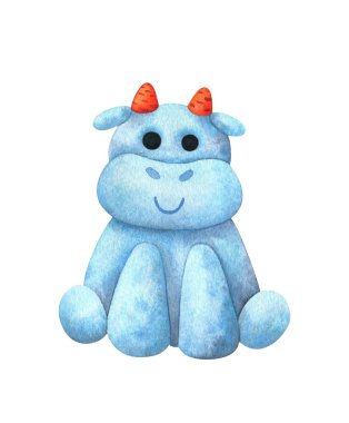 Beyaz boğa şeklinde şirin bir kardan adam. 2021 yılının sembolü. Çocuk suluboya çizimi. Stok görüntüsü beyaz bir arkaplanda izole edildi. Kardan bir Noel karakteri