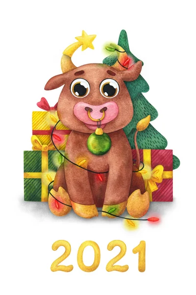 Lindo Toro Con Regalos Bajo Árbol Navidad Postal Con Símbolo —  Fotos de Stock