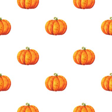 Büyük turuncu balkabağı. Beyaz arka planda sebzelerin suluboya resimlerinin olduğu basit bir baskı. Kumaş, tekstil ve kağıt için sonbahar mahsulü ile kusursuz desen. Resim yükle.