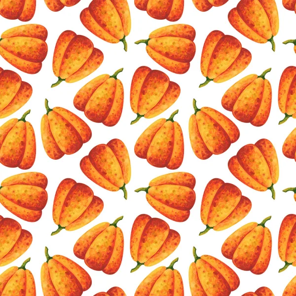 大きなオレンジのカボチャ 白を基調とした野菜の水彩画のイラストがプリントされたシンプルなプリント 紙のための秋の作物とシームレスなパターン ストック画像 — ストック写真