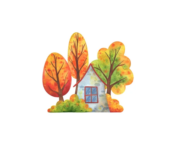 Cozy House Falling Trees Yellowing Bushes Autumn Composition Watercolor Illustrations — Stock Photo, Image