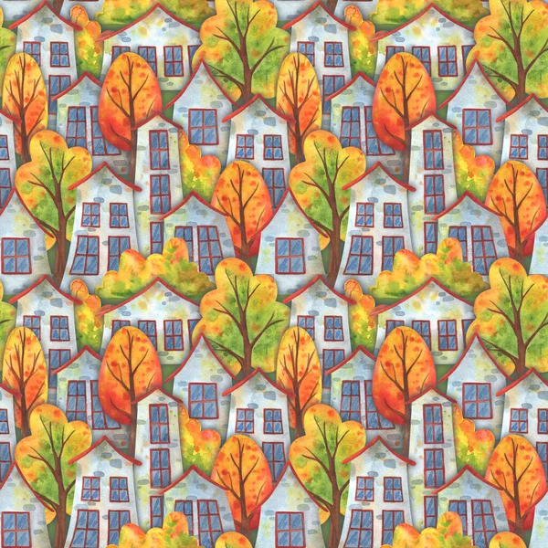 Autumn town. Seamless watercolor pattern with houses and falling trees. Stock print for fabric, textile, paper and any design. Background with children's illustrations in green, orange and gray colors
