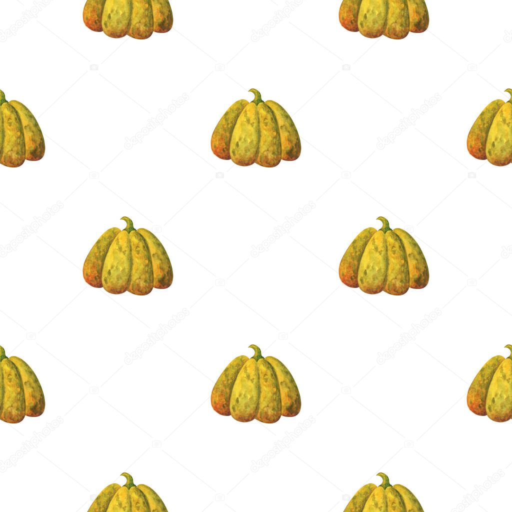 Big green pumpkin. Simple print with watercolor illustrations of vegetables on a white background. Seamless pattern with autumn crop for fabric, textile, paper. Stock image.