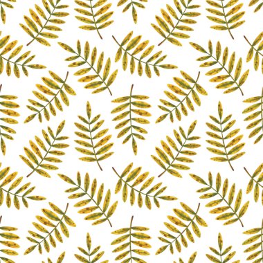 Beyaz arka planda düşen yapraklar. Çiçekli süslemeli, dikişsiz sonbahar deseni. Kumaş, tekstil, kağıt ve ambalaj için dekoratif baskı. Resim yükle