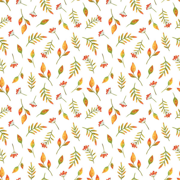 Clusters of autumn red berries and fallen leaves. Seamless pattern with watercolor illustrations on a white background. Small print for fabric, textile, paper and other designs. Stock ornament with plants