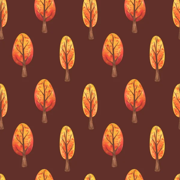 秋の公園 茶色の背景に黄色とオレンジの倒木とシームレスなパターン 紙の装飾的なプリント 水彩画の子供のイラストとストック画像 — ストック写真