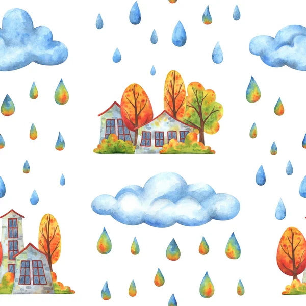 雨が降る雲の上の都市 白い背景に家や倒木と秋のシームレスなパターン 紙の装飾的なプリント 子供のイラストとストック画像 — ストック写真