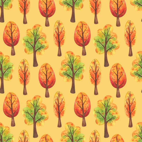Осінній Парк Безшовний Візерунок Зеленими Оранжевими Падаючими Деревами Жовтому Тлі — стокове фото