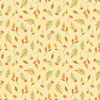 Sonbahar kırmızı böğürtlen kümeleri ve düşen yapraklar. Sarı arka planda suluboya çizimleri olan kusursuz bir desen. Kumaş, tekstil, kağıt ve diğer tasarımlar için küçük baskı. Bitkilerle süslenmiş stok.