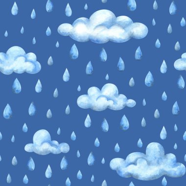 Bitmek bilmeyen yağmur. Sonbahar, mavi arkaplanda bulutlar olan pürüzsüz bir desen. Kumaş, tekstil ve kağıt için dekoratif baskı. Çocukların resimlerini suluboya ile stokla.