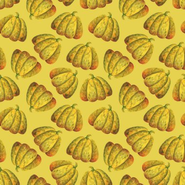 Büyük turuncu balkabağı. Yeşil arka planda sebzelerin suluboya çizimleri olan basit bir baskı. Kumaş, tekstil ve kağıt için sonbahar mahsulü ile kusursuz desen. Resim yükle.