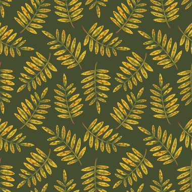 Yeşil arka planda düşen yapraklar. Çiçekli süslemeli, dikişsiz sonbahar deseni. Kumaş, tekstil, kağıt ve ambalaj için dekoratif baskı. Resim yükle