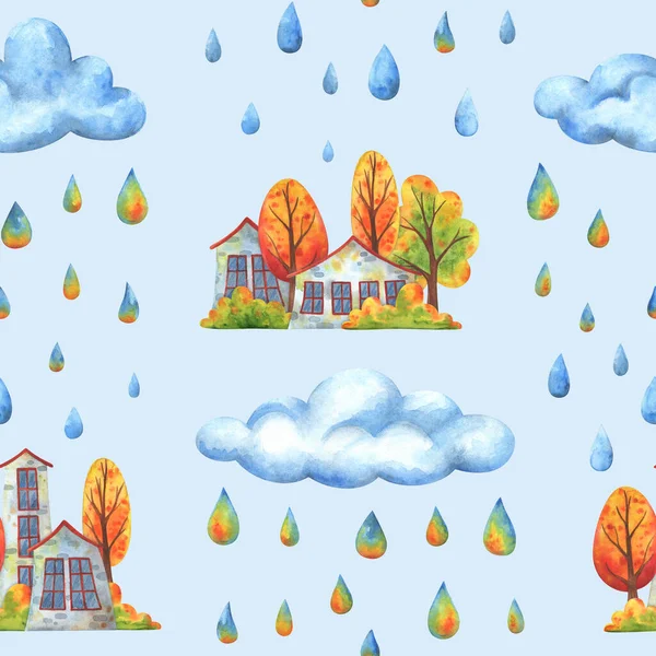 Місто Хмарі Дощем Осінь Безшовний Візерунок Будинками Падаючими Деревами Синьому — стокове фото