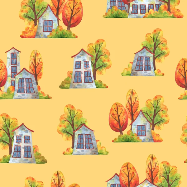 Streets of the autumn city. Yellow seamless pattern with houses and falling trees. Decorative print for fabrics, textiles, and paper. Endless background with children's watercolor illustrations. Stock image