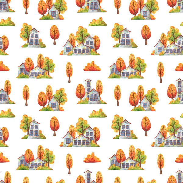 Streets of the autumn city. White seamless pattern with houses and falling trees. Decorative print for fabrics, textiles, and paper. Endless background with children's watercolor illustrations. Stock image