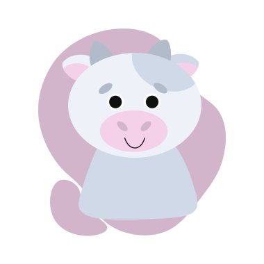 Renkli arka planda şirin gri inek. Boğa ile vektör ikonu. 2021 yılının sembolü ile logo, tasarım, avatar, giyim ve ofis için stok illüstrasyonu