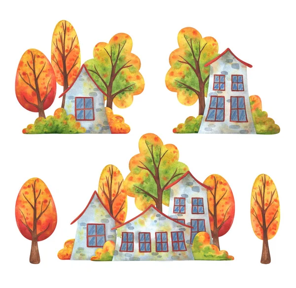 Cozy houses among falling trees and yellowing bushes. Set of autumn compositions. Watercolor illustrations isolated on a white background. Seasonal print with a landscape of small town streets.