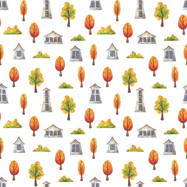 Streets of the autumn city. White seamless pattern with houses and falling trees. Decorative print for fabrics, textiles, and paper. Endless background with children's watercolor illustrations. Stock image