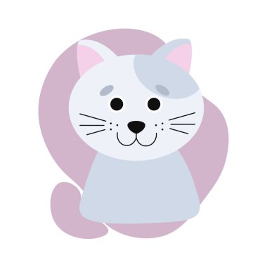 Renkli arka planda şirin gri bir kedi. Kedi yavrusu olan bir vektör simgesi. Logo, tasarım, avatar için stok illüstrasyonu, evcil bir hayvanla giyim ve ofis için baskı