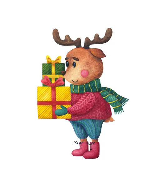 Herten Een Wintertrui Draagt Kerstcadeaus Feestelijke Nieuwjaarsillustratie Aquarel Clip Art — Stockfoto