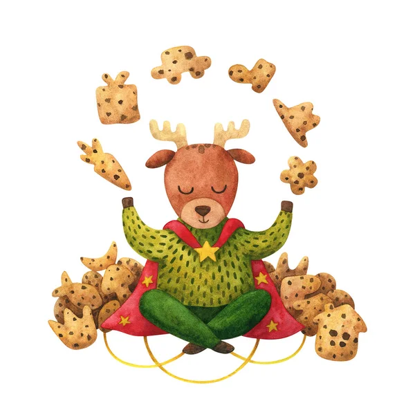 セーターとクリスマスクッキーの鹿 お祭り 新年のイラスト 漫画のスタイルで水彩クリップアート 魔法の動物やお菓子で印刷します 白い背景に孤立したストックドローイング — ストック写真