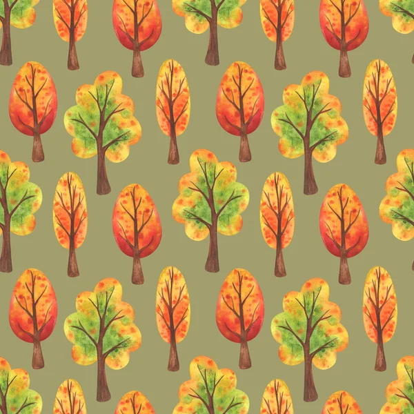 Осінній Парк Безшовний Візерунок Жовтими Оранжевими Падаючими Деревами Зеленому Тлі — стокове фото