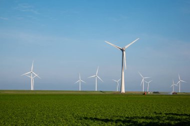 Yel değirmeni parkı Batı Hollanda, rüzgâr değirmeni türbini okyanusta mavi gökyüzü, yeşil enerji