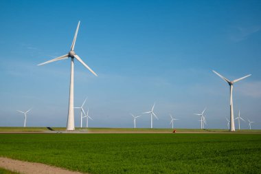 Yel değirmeni parkı Batı Hollanda, rüzgâr değirmeni türbini okyanusta mavi gökyüzü, yeşil enerji