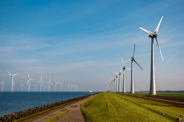 Yel değirmeni parkı Batı Hollanda, rüzgâr değirmeni türbini okyanusta mavi gökyüzü, yeşil enerji