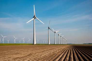 Yel değirmeni parkı Batı Hollanda, rüzgâr değirmeni türbini okyanusta mavi gökyüzü, yeşil enerji