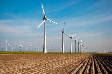 Yel değirmeni parkı Batı Hollanda, rüzgâr değirmeni türbini okyanusta mavi gökyüzü, yeşil enerji