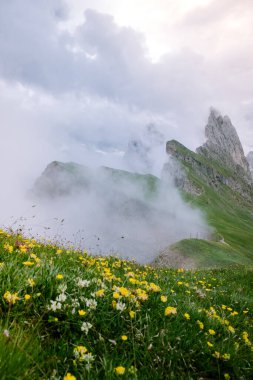 İtalyan Dolomiteler 'de yürüyüş yapan çift Seceda Tepesi' nin muhteşem manzarası. Trentino Alto Adige, Dolomites Alps, Güney Tyrol, İtalya, Avrupa. Odle dağ sırası, Val Gardena. Görkemli Furchetta